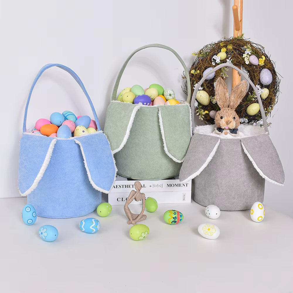Wholesale Blank Easter Bunny Bucket Easter Gift Baskets with Bunny Ear Corduroy Easter Basket for Kids Gift Blank Embroidery Bag