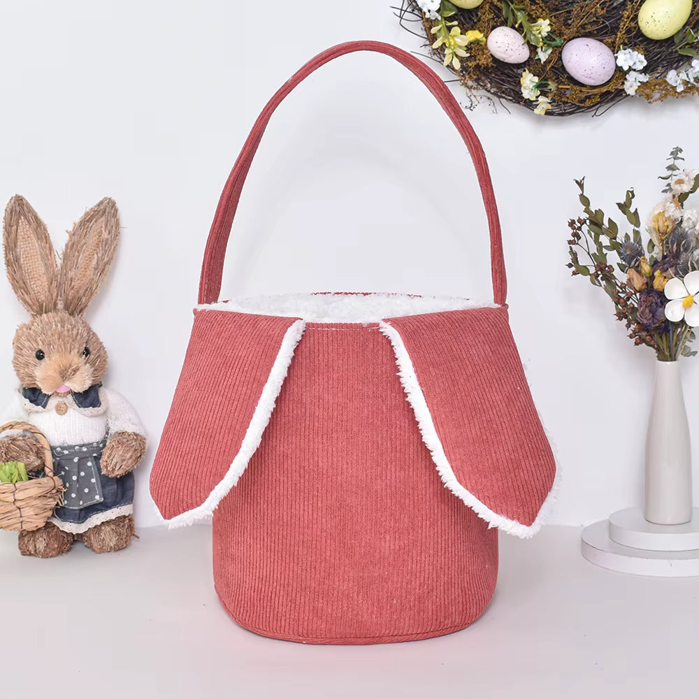 Wholesale Blank Easter Bunny Bucket Easter Gift Baskets with Bunny Ear Corduroy Easter Basket for Kids Gift Blank Embroidery Bag
