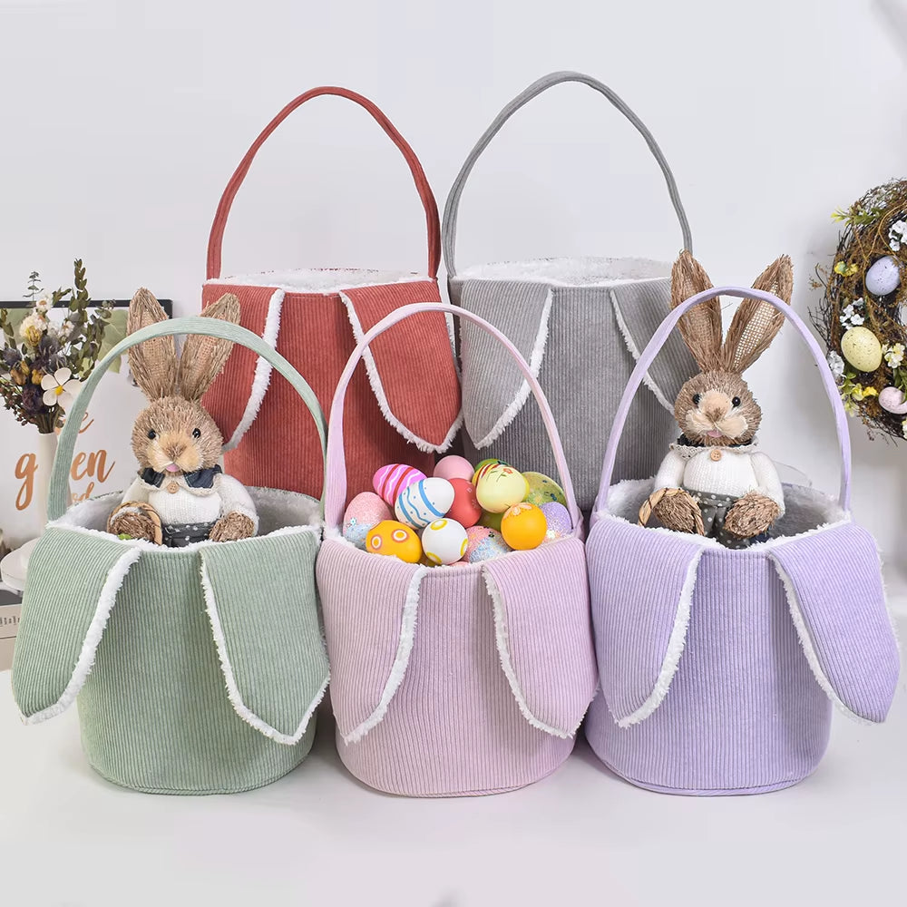 Wholesale Blank Easter Bunny Bucket Easter Gift Baskets with Bunny Ear Corduroy Easter Basket for Kids Gift Blank Embroidery Bag